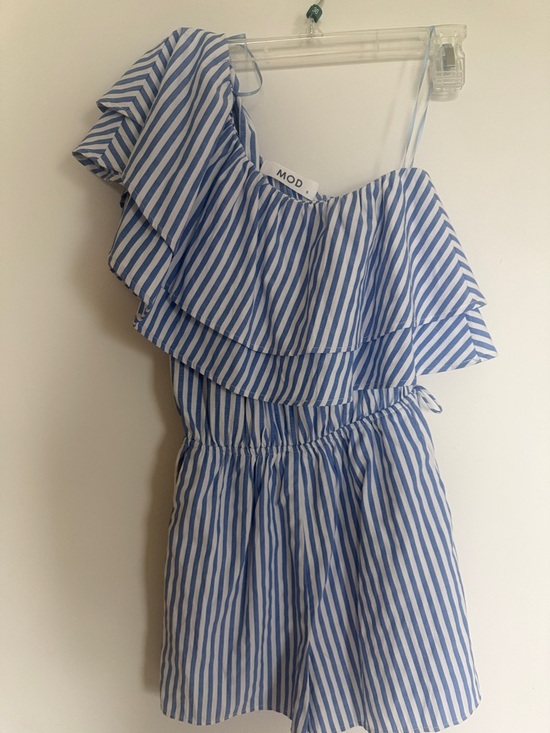 Modcloth Pants - MOD Blue Striped One Shoulder Romper Ruffle Detail | Summer Vacation Size S